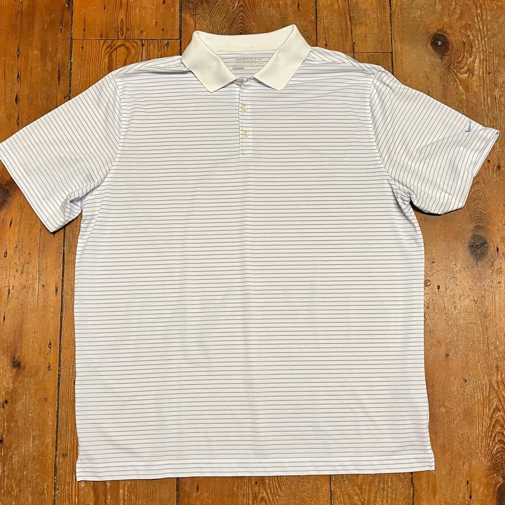 Nike White Polo with Thin Light Blue Stripes